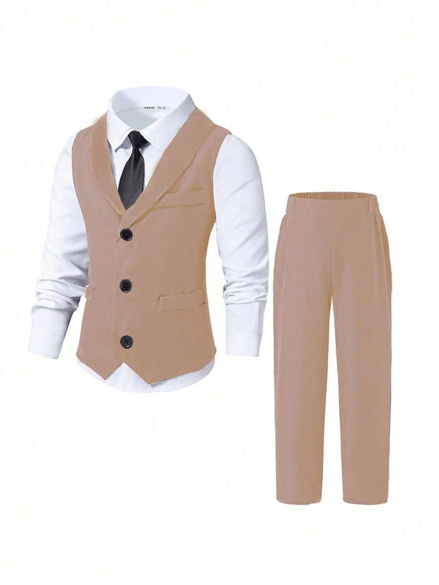 SHEIN 2 件套年轻男孩绅士套装缺口领背心 + 长裤套装，正式服装适合婚礼、表演、舞会、主持、晚会、圣诞派对、万圣节派对