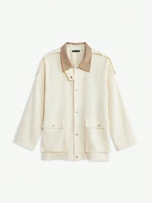 Manfinity VCAY Men's Beige Contrast Color Splice Woven Long Sleeve Button-Up Jacket,Vintage Color Block Lightweight Casual Autumn Hiking Jacket For Husband Gifts - Apricot - View 1