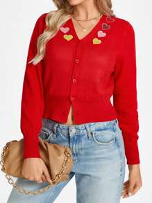 SHEIN LUNE 心形图案红色女式开衫，秋冬款 - 紅色 - 查看 4