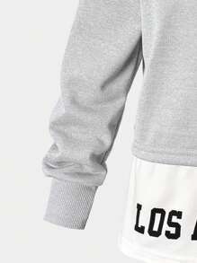 SHEIN Conjunto de chándal de niña preadolescente con parte superior de manga larga con cuello redondo y estampado de letras y colores en bloque, y pantalones de cintura elástica