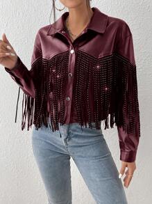 SHEIN BAE Solid Color Fringe Decor Front Button Casual Versatile Long Sleeve Jacket