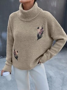 SHEIN Femmes Pull épais à col roulé avec détails brodés, épaules tombantes, couleur unie