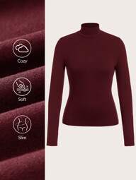 SHEIN BASICS Women's Casual Solid Color Knitted Slim Fit Regular Stand Collar Long Sleeve T-Shirt