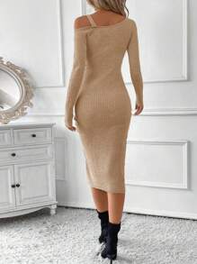 SHEIN Clasi Women Open Shoulder Drawstring Waist Sweater Dress With Long Sleeve, Elegant - Apricot - View 2