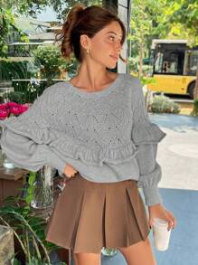 EURMUSE Women's Solid Color Ruffled Jacquard Pullover Sweater, Long Sleeve, Autumn/Winter - Light Grey - View 3