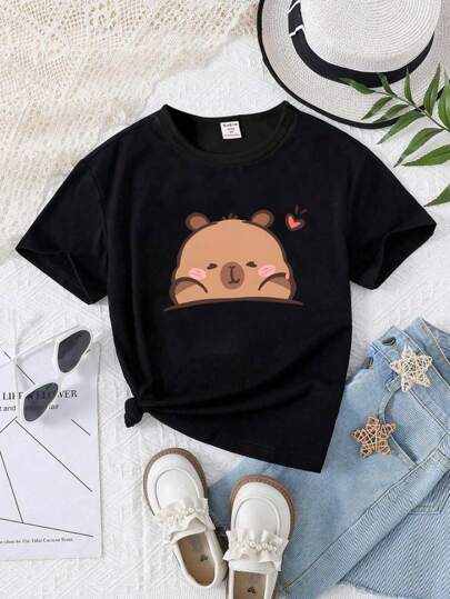 GraphicGems Young Girl' T-Shirt Cute Animal Blushing Face Graphic Print Casual Style Top