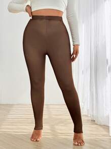 Flirla Plus Size Brown Mesh Wool Lined Warm Leggings - Rust Brown - View 3