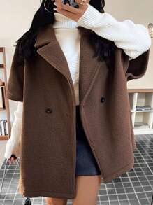 INAWLY 大码女式休闲纯色翻领蝙蝠袖宽松泰迪羊毛夹克，秋冬 - 咖啡棕 - 查看 4