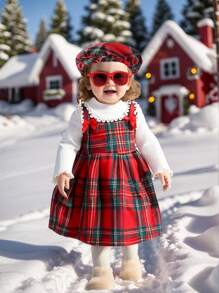 SHEIN 2pcs Christmas Plaid Baby Girls Bowknot Colorblock Plaid Sleeveless Pinafore Dress & Thermal Turtleneck Set