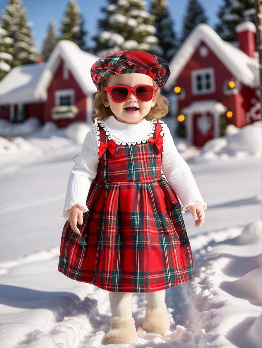 SHEIN 2pcs Christmas Plaid Baby Girls Bowknot Colorblock Plaid Sleeveless Pinafore Dress & Thermal Turtleneck Set