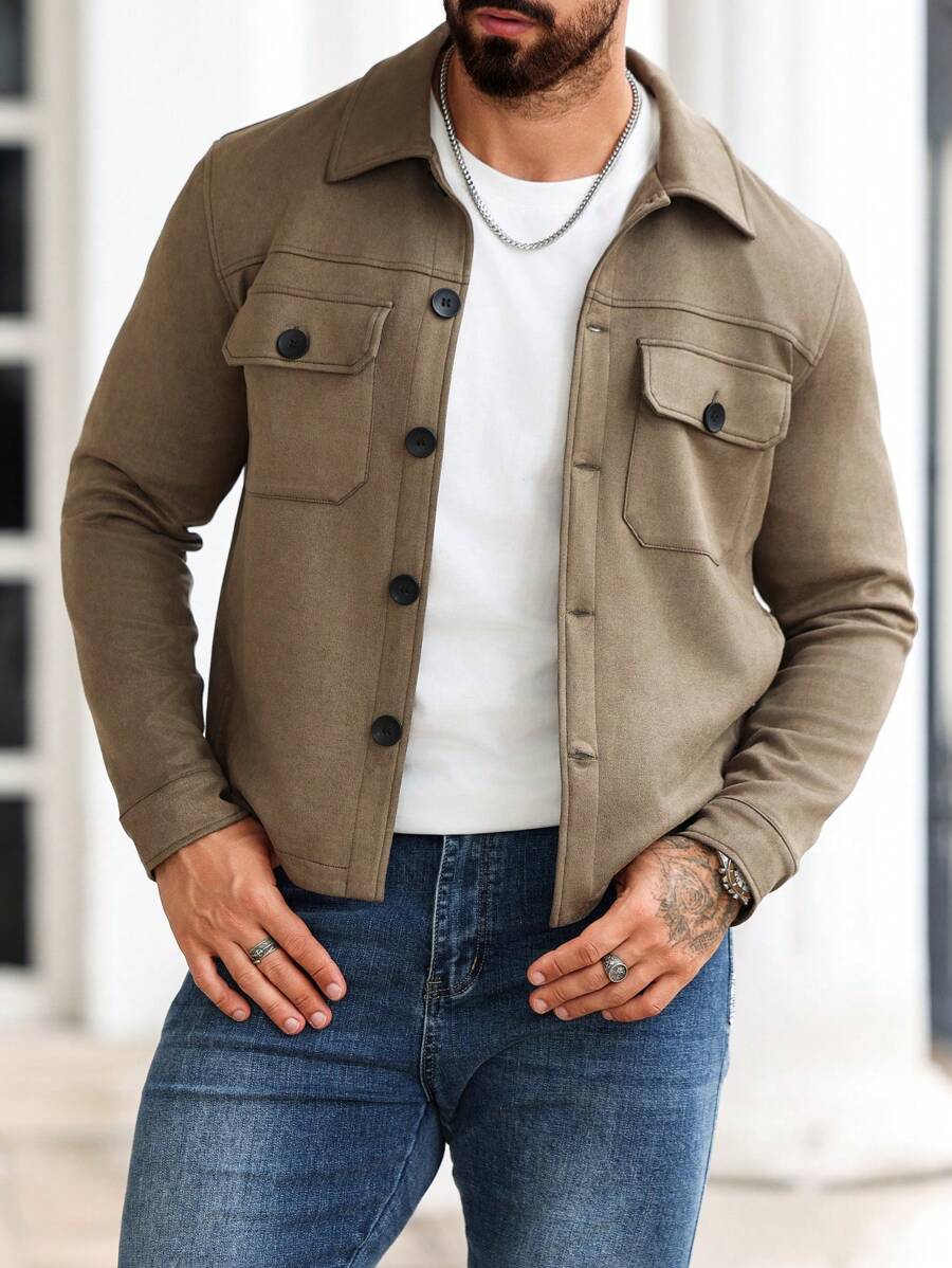 Manfinity Homme Áo khoác nam trơn màu thường ngày, đơn giản và phong cách để mặc hàng ngày, áo khoác đi chơi, quà tặng cho bạn bè, chồng, bạn trai, mùa thu - màu xanh lá - Xem 1
