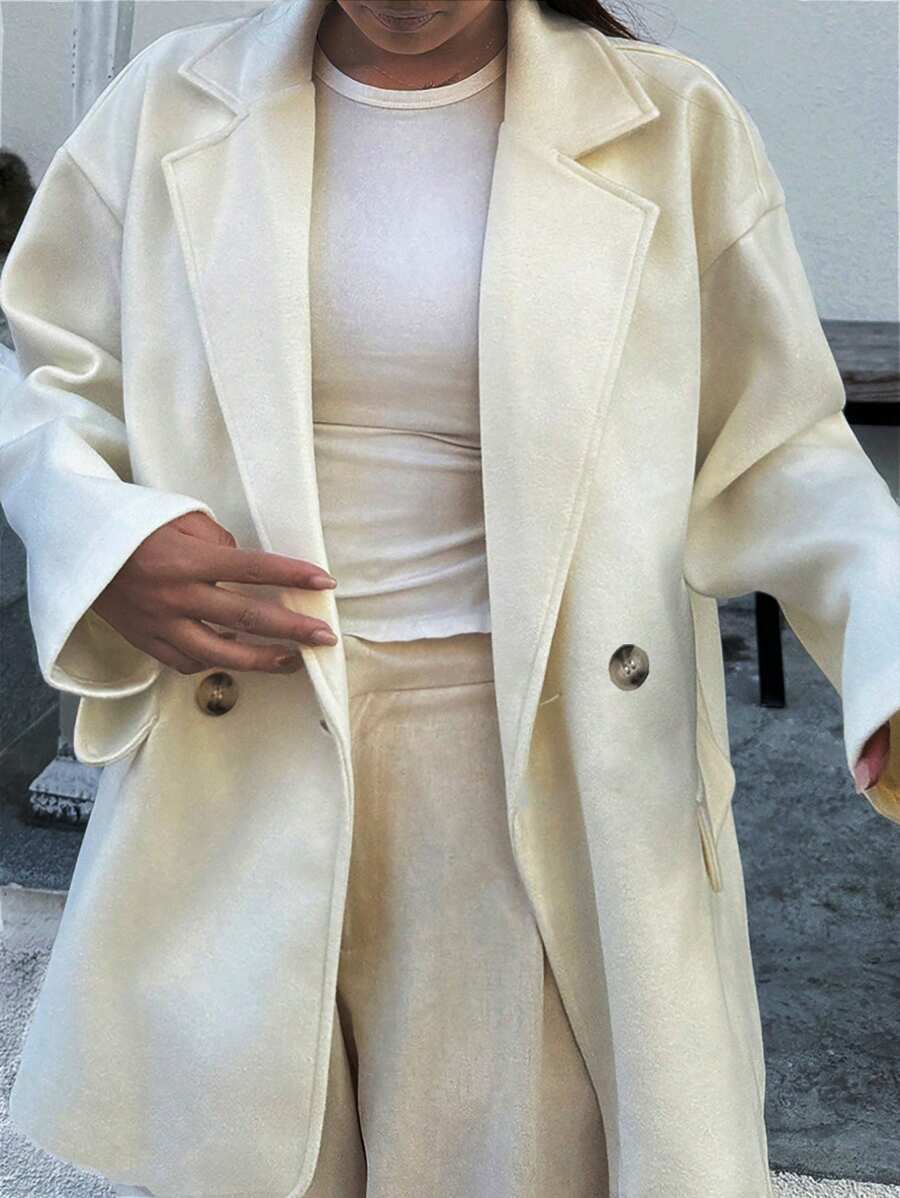 INAWLY Áo khoác blazer ve lật màu trơn thường ngày cho nữ, Thu/Đông - Màu be - Xem 1