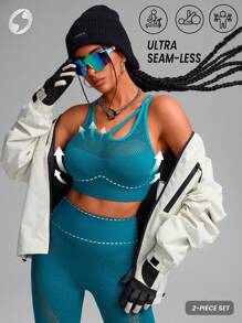 Innovista 女士 2 件 3D 提花蛇纹和网状结构无缝胸罩和紧身裤运动套装、高弹力紧身裤运动套装、女士健身套装、日常休闲和健身套装、瑜伽套装、服装套装 - 水鴨藍 - 查看 1