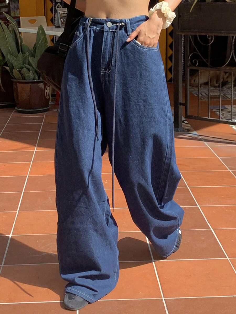 DAZY Women's Solid Color Loose Wide-Leg Long Denim Jeans