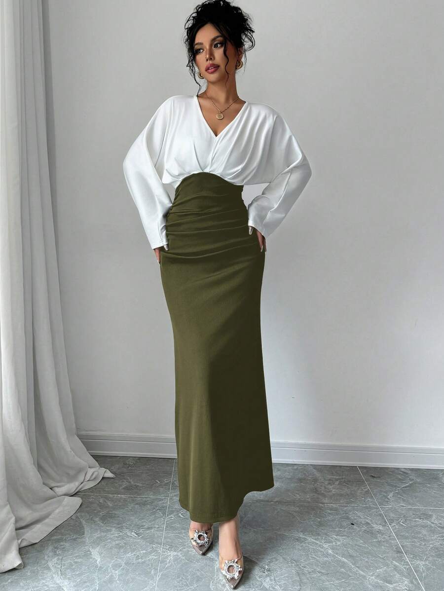 Firerie Đầm ôm tay dài màu trơn cổ chữ V cho nữ - xanh quân đội - Xem 1