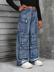 SHEIN Tween Girls' Y2K Fashion Stonewashed Multi-Pocket Distressed Cargo Jeans Baggy Wide Leg Pants, Tween Girl Fall Clothes Back To School Outfits - Dark Wash - View 3
