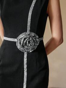 MOTF 撞色亮片立体花朵连衣裙 - 黑色 - 查看 3