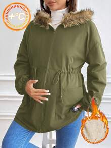 SHEIN Women Padded Coat With Furry Trim Hooded Zipper Front Maternity Jacket, Black Hooded Outerwear - Army Green - View 1