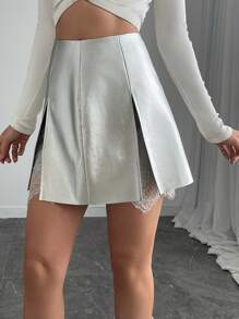 Calvaya Women PU Leather & Contrast Lace Bodycon Mini Skirt