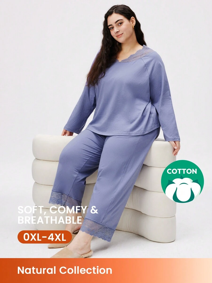 LUVLETTE Bộ đồ ngủ ren cổ chữ V bằng cotton mềm mại và quần dài