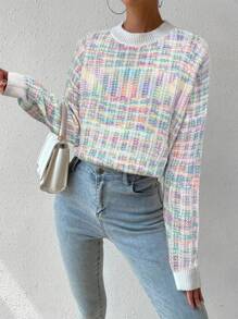 Chiquease 女士纯色拼接圆领长袖休闲套头毛衣针织衫秋冬款