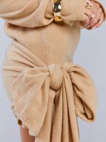 Athîral Women Solid Camel Color Twist Elegant Long Bow Detail Sleeve Mini Dress Valentine Dress Party Spring