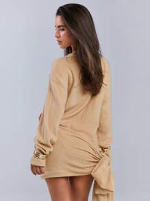 Athîral Women Solid Camel Color Twist Elegant Long Bow Detail Sleeve Mini Dress Valentine Dress Party Spring