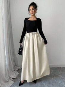 SHEIN Essnce 女士罗纹针织长袖休闲连衣裙，黑色，长袖，口袋，秋季时尚，黑色长袖连衣裙，秋季女士连衣裙，仙女风格连衣裙，女装，加厚连衣裙，冬季女装，撞色连衣裙 - 黑與白 - 查看 3