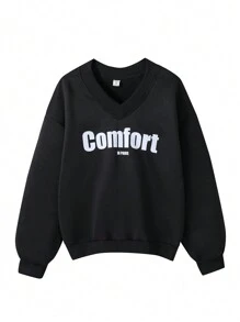 SHEIN Moletom casual para meninas adolescentes, cor sólida, estampa contrastante, ombro caído, decote em V, ajuste solto, quente