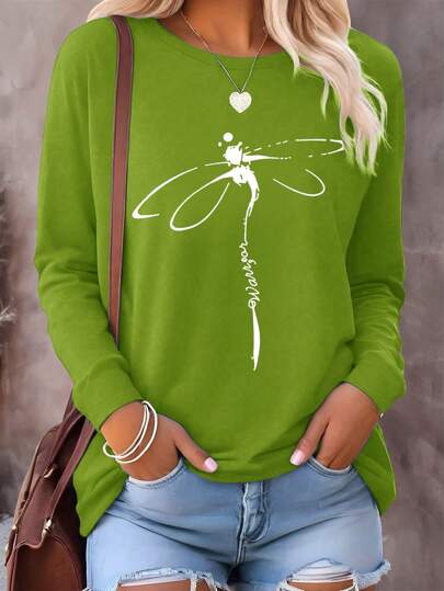 INAWLY 图案印花圆领休闲百搭长袖 T 恤女式春秋季上衣