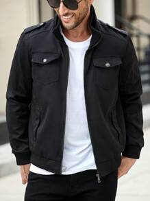 Manfinity CasualCool Men's Casual Jacket Versatile Bomber Style Solid Color Outdoor Cargo Jacket