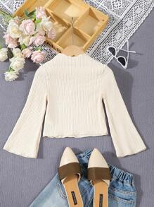 SHEIN 1pc Young Girl' White Textured Elastic Tight Collar, Normal Shoulder, Long Flare Sleeve, Tight Cuffs & Hem Mini Dress, Spring & Autumn - Apricot - View 2