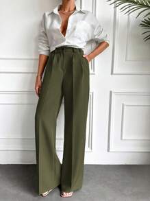 EURMUSE Women's Fashionable Versatile Solid Color Wide Leg Suit Pants - Dark Green - View 3