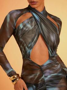 SHEIN Unity Sheer Mesh Cross Over Front Cut Out Sexy Dress