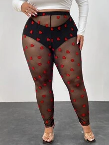 SHEIN CURVE+ Plus Size Women's See Through Heart-Shaped Pattern Tight Leggings, Sexy Valentine's Day Style, Suitable For Dating