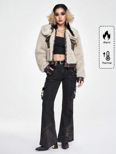 Grunge Punk Women's Snow Outfit Faux Fur Trimmed PU Pocket Jacket