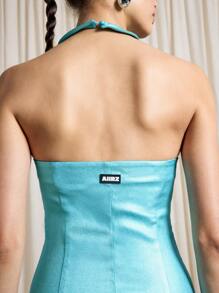 AiiRZ High Shine Halter Neck Fitted Mini Dress - Blue - View 3