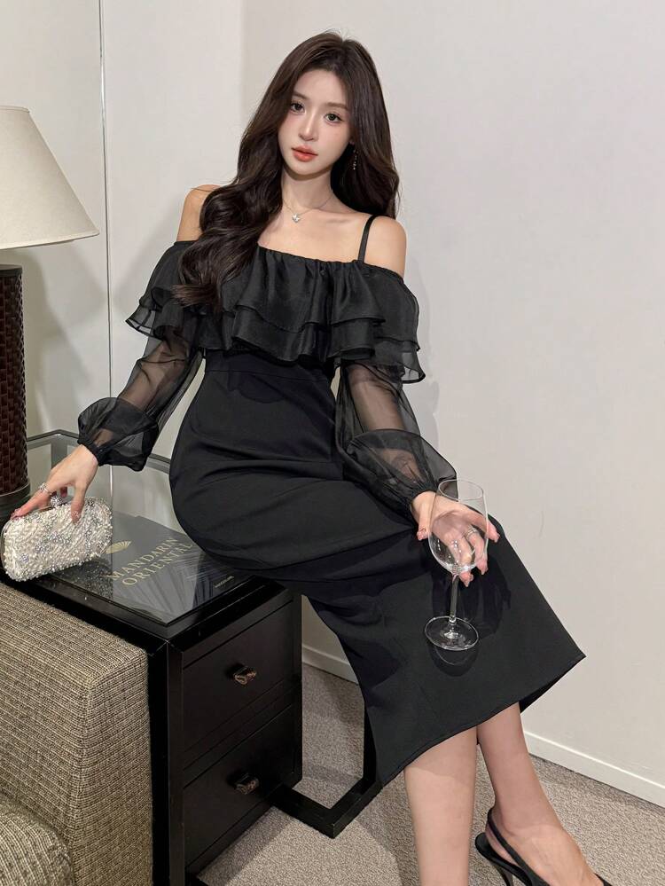 Women's Long Mesh Party Dress For Spring/Fall, Valentine's Day Prom Dress Elegant,Ruffle Long Sleeve Dress