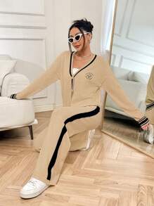 Chiquease 2 Stücke Damen Set, Farbblock Langarm Top mit Knöpfen vorne & Hosen, minimalistisch