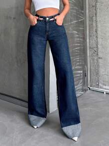 EURMUSE Casual Rolled Up Wide Leg Washed Jeans - Dark Wash - View 6