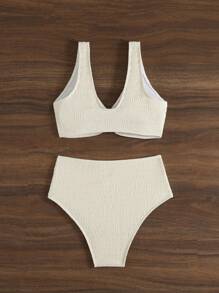 SHEIN Swim 夏季海滩女士圆环连体比基尼套装婚礼 - 米色 - 查看 3