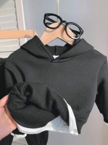 SHEIN Leap Crew 2 件套男婴套装：宽松字母印花套头连帽衫 + 宽松休闲裤，百搭简约设计，适合学校、居家、外出。保暖内衬，加厚，适合秋冬季 - 深灰色 - 查看 6