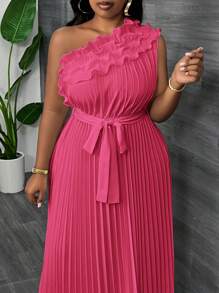 Slaydiva Plus Size Elegancka Luksusowa Asymetryczna Sukienka Z Marszczonymi Ramionami I Talią Plisowana Morelowa Letnia