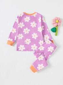 SHEIN 2pcs Baby Girl Floral Pattern Contrast Color Round Neck Long Sleeve Top And Pants Soft Comfortable Skin-Friendly Fitted Pajama Set