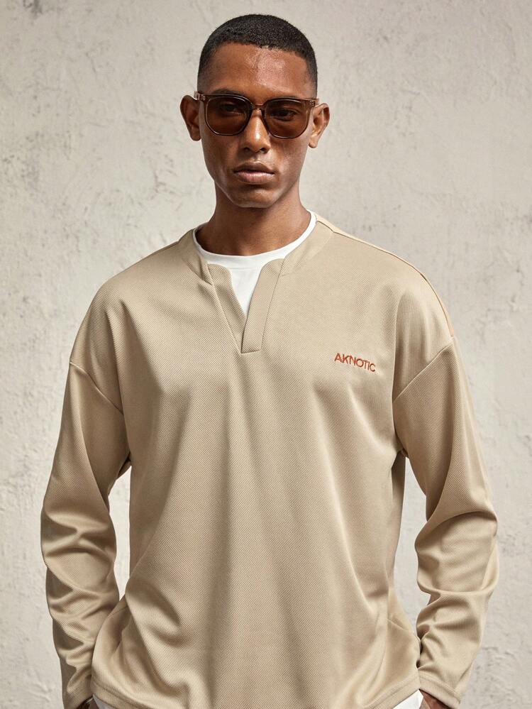 Men's Oversized Drop Shoulder Long Sleeve Casual Knit T-Shirt, Suitable For Autumn