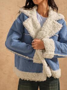 Forever 21 Women Fluffy Splicing Pocket Front Button Long Sleeve Casual Jacket - Blue - View 6