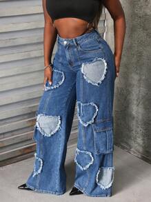 SHEIN Slayr Jeans rectos para mujer con parche en forma de corazón - Azul lavado oscuro - Ver 3