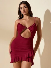 SHEIN BAE 夏季甜美性感优雅纯粉色无袖连衣裙，多层褶边，镂空领口，不均匀褶边下摆，女士 - 酒紅色 - 查看 5