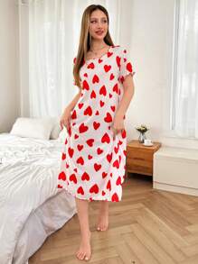 Dream Adore Heart Print Short Sleeve Nightgown Babydoll, Casual & Fashionable For Daily Wear Holidayseason