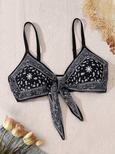 SHEIN Swim Curve Plus Size Summer Beach Printed Spaghetti Strap Swimwear Top With Floral Design